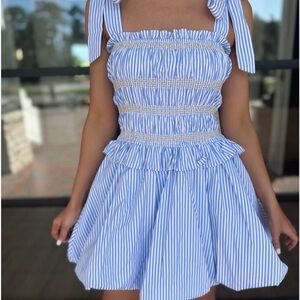 NWT MABEL Blue & White Striped Smocked Bow Strap Mini Dress Size L